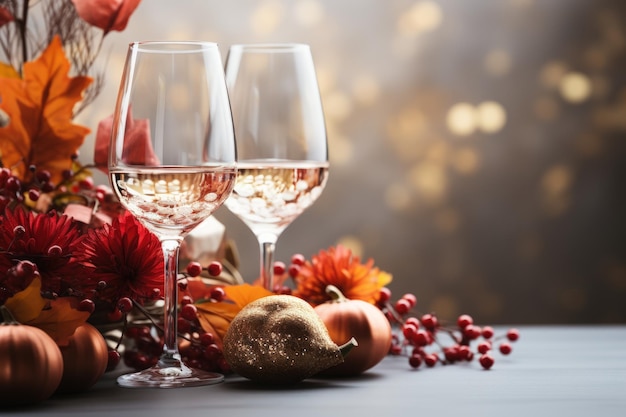 Um copo de vinho na mesa de jantar e comida com fundo bokeh Dia de Ação de Graças conceito de fundo