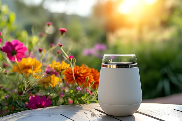 Um copo de vinho numa mesa com flores