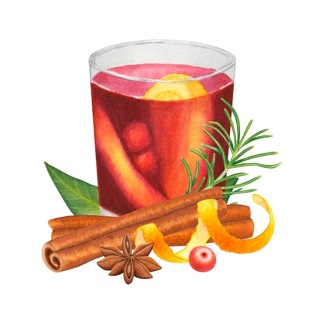 Um copo de vinho quente canela alecrim abeto anis bagas laranja casca