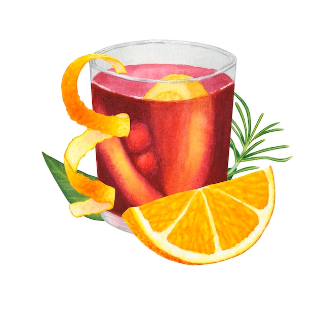 Um copo de vinho quente com bebida vermelha pedaços de citrinos bagas fatias de laranja e casca de romário pinheiro