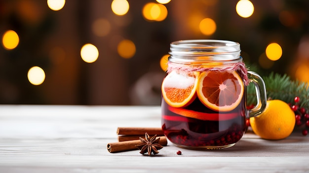 Um copo de vinho quente na mesa de madeira branca sobre fundo de natal com luzes boken espaço de cópia Bebidas quentes Copo de coquetel de vinho tinto quente com especiarias fatia de laranja canela e estrelas de anis