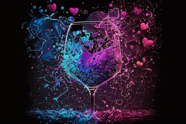 Um copo de vinho rosa e azul com um padrão em forma de coração.