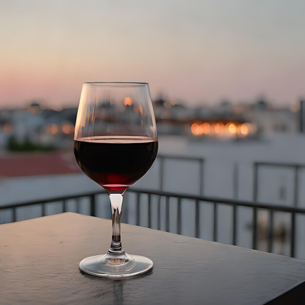 Foto um copo de vinho sentado em uma mesa com o sol a pôr-se atrás dele