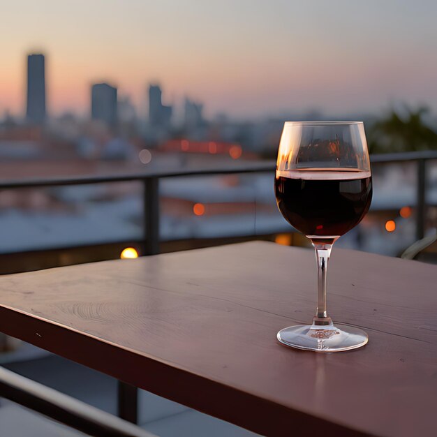 um copo de vinho sentado em uma mesa na frente do horizonte da cidade