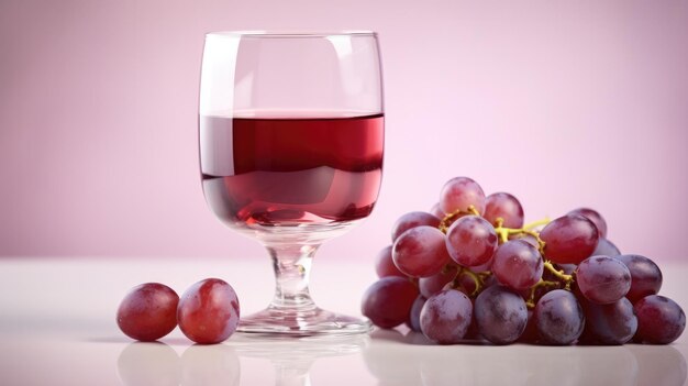 Um copo de vinho tinto ao lado de um cacho de uvas.