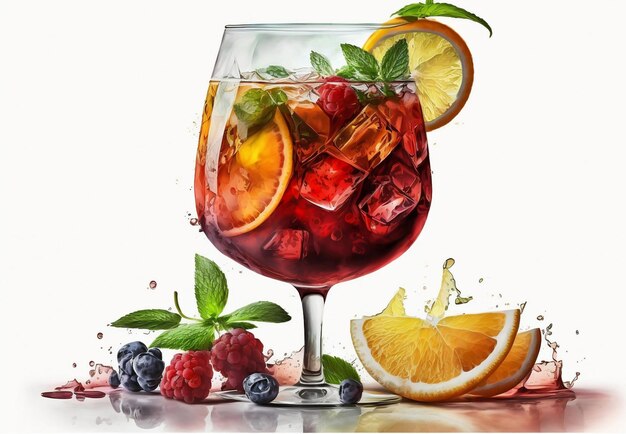 Um copo de vinho tinto com um toque de água e um copo de gelo e uma bebida com um toque de fruta.