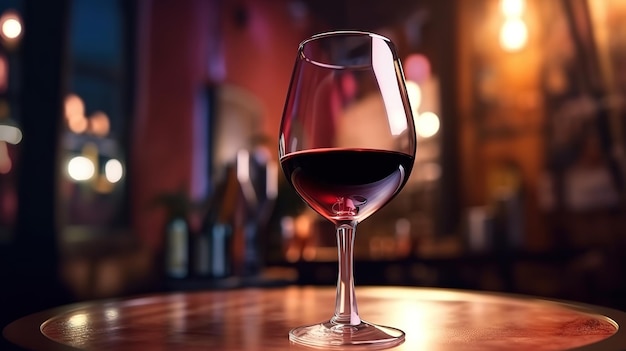 Um copo de vinho tinto no fundo de uma mesa de restaurante com garrafa Generative Ai