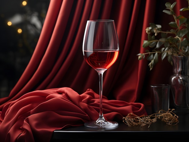 Um copo de vinho vermelho com cortinas de seda vermelha ao fundo