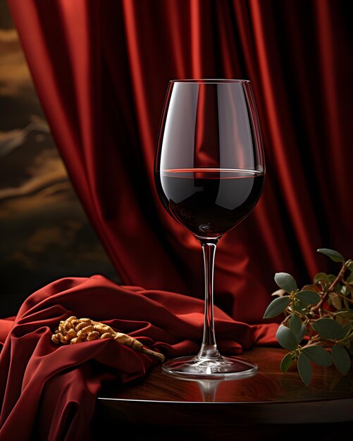 Foto um copo de vinho vermelho com cortinas de seda vermelha ao fundo
