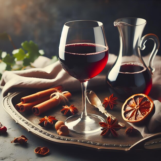 Foto um copo de vinho vermelho com uma carafe em uma bandeja