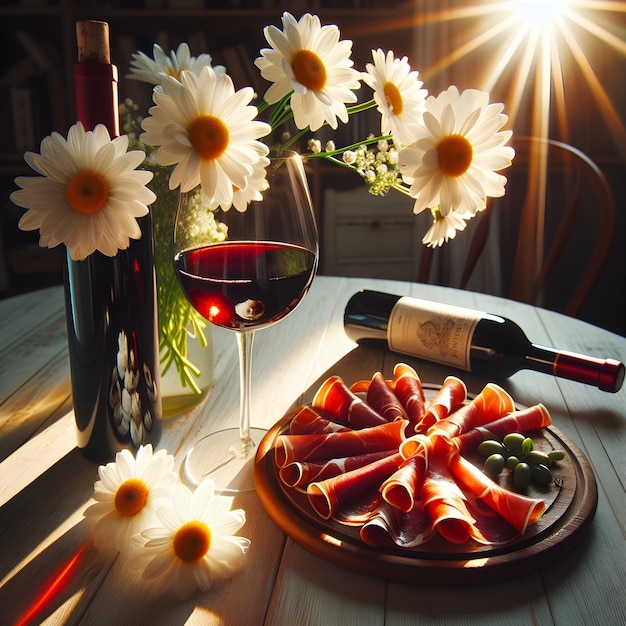 Um copo de vinho vermelho e um buquê de margaridas na mesa num dia ensolarado.