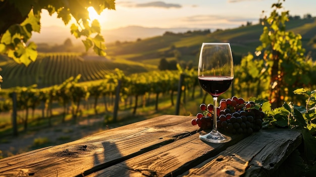 Foto um copo de vinho vermelho em uma mesa de madeira contra o pano de fundo de uma vinha na bandeira da hora dourada