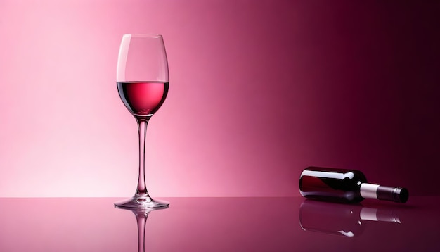 Um copo de vinho vermelho em uma superfície refletora com um fundo rosa