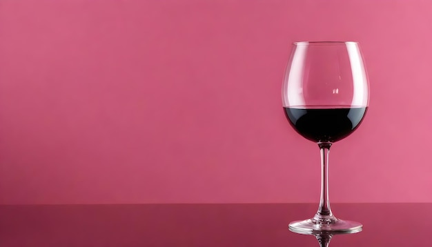 Um copo de vinho vermelho em uma superfície refletora com um fundo rosa