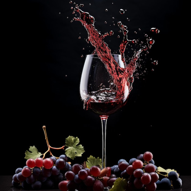 Um copo de vinho vermelho está cheio de uvas e uvas.