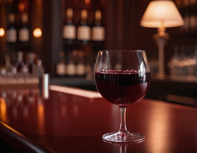 Um copo de vinho vermelho num bar.