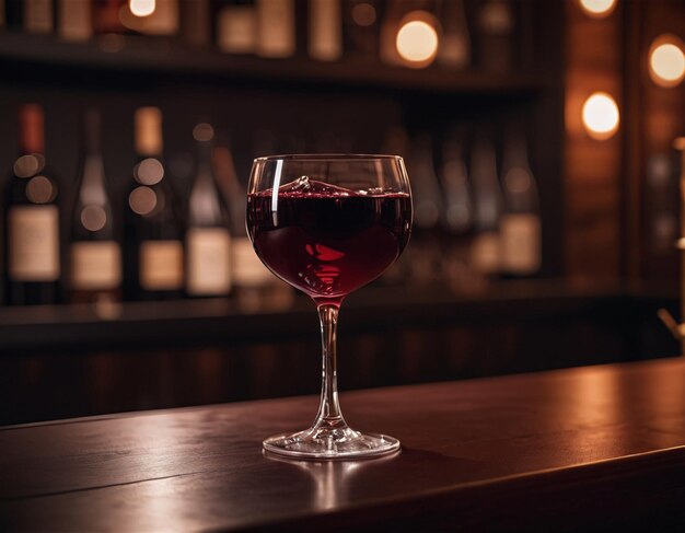 Foto um copo de vinho vermelho num bar.