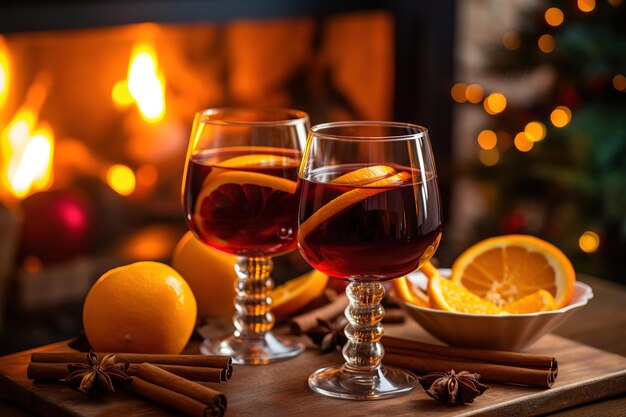 Foto um copo de vinho vermelho quente de inverno com canela