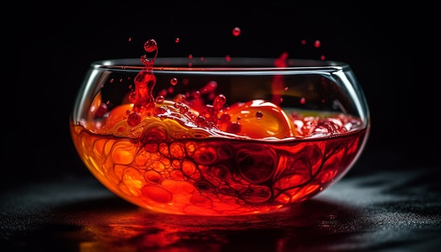 Um copo de vinho vermelho reflete a celebração em uma vinícola de luxo à noite gerada por inteligência artificial