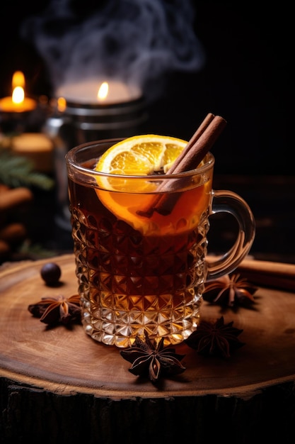 Um copo de wassail ou ponche de inverno de Natal com especiarias e cítricos com luzes no fundo