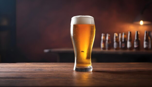 Um copo frio de cerveja artesanal em uma mesa