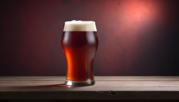 Um copo frio de cerveja vermelha numa mesa