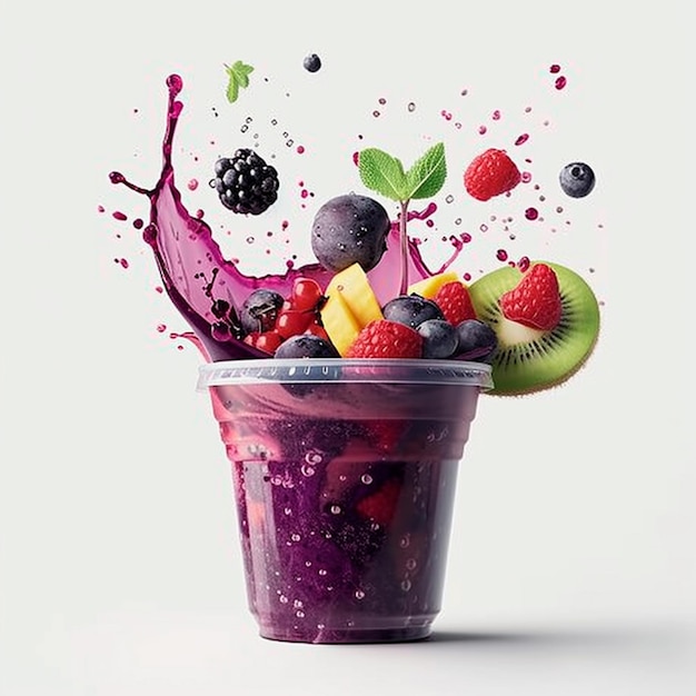 Um copo grande com salada de frutas.
