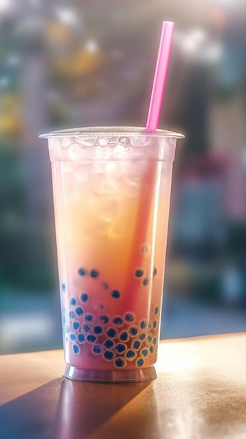 Foto um copo plástico de chá de bolha com um canudo rosa.