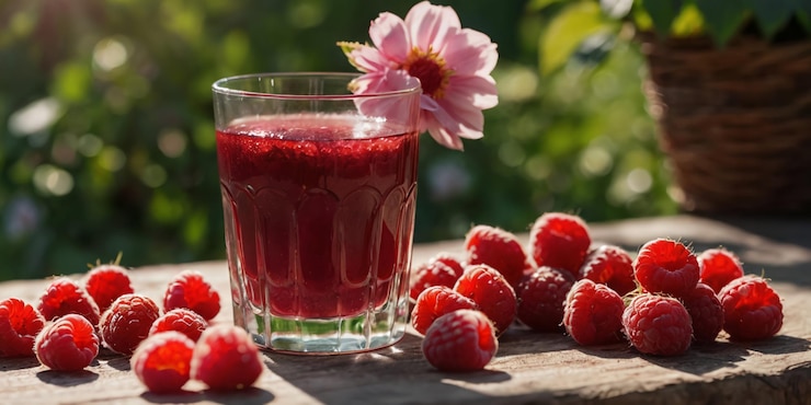 Foto um copo refrescante de suco de framboesa cercado de framboesas frescas e flores à luz do sol