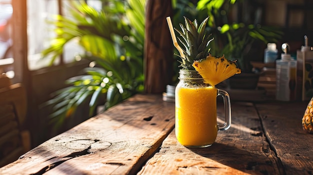 Foto um copo refrescante de suco de laranja em uma mesa de madeira