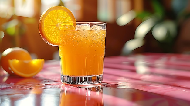 Foto um copo refrescante de suco de laranja recém-espremido com laranjas suculentas