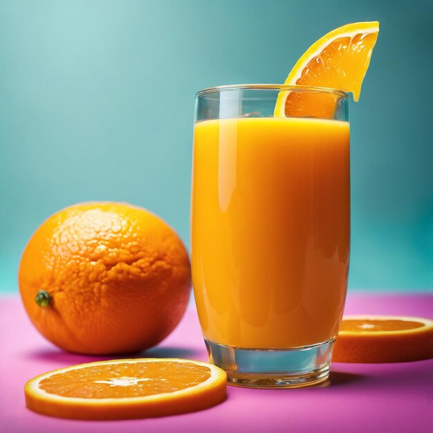 Um copo refrescante de suco de laranja senta-se sobre um fundo limpo e vibrante