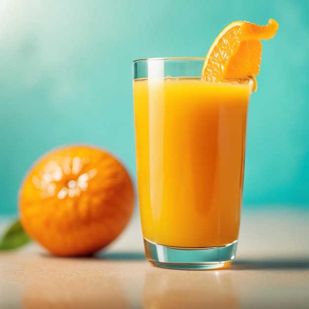 Um copo refrescante de suco de laranja senta-se sobre um fundo limpo e vibrante