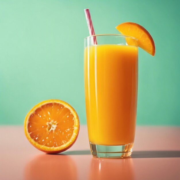 Um copo refrescante de suco de laranja senta-se sobre um fundo limpo e vibrante