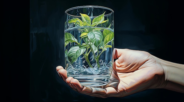 um copo segurando semente verde com uma flor e ai gerador de luz
