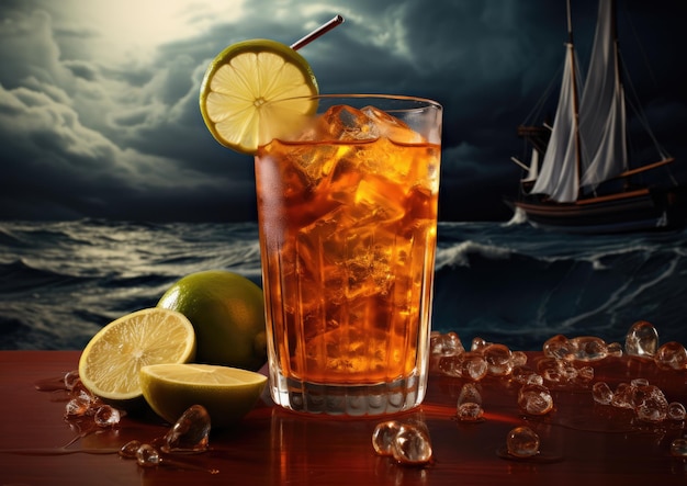 Um coquetel Dark 'n' Stormy vibrante e refrescante exibido em um cenário com tema náutico