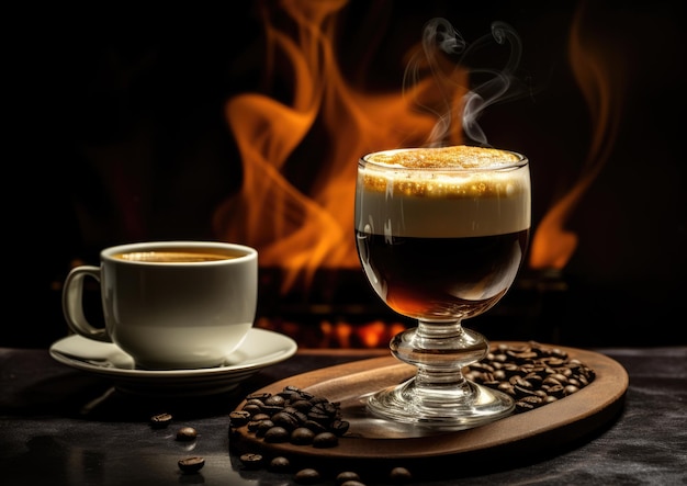 Um coquetel Irish Coffee acompanhado de uma dose de uísque irlandês e um café expresso fumegante
