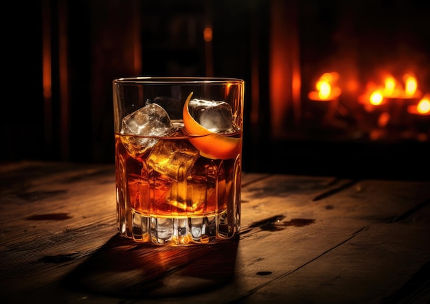 Um coquetel Rusty Nail capturado em um bar de uísque mal iluminado, enfatizando seu tom âmbar e encanto esfumaçado