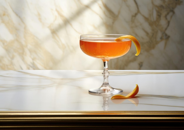 Um coquetel Sidecar servido em uma bancada de mármore exalando elegância atemporal