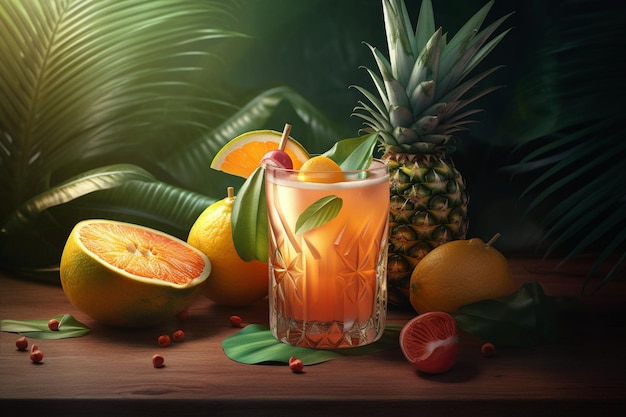 Um coquetel tropical com frutas e abacaxi