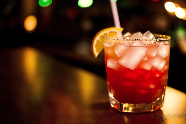 Um coquetel vermelho com cubos de gelo e uma rodela de limão no balcão de um bar.