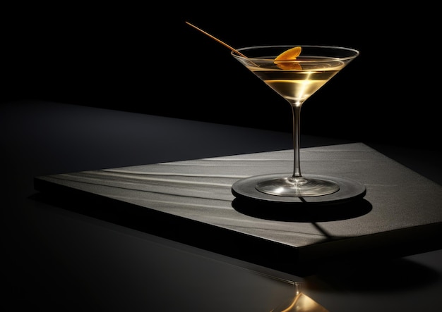 Um coquetel vesper martini apresentado em uma superfície de mármore preto enfatizando sua aparência elegante e moderna