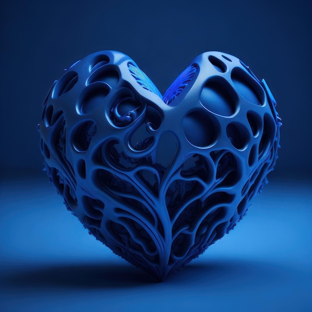 Um coração azul com buracos e um fundo azul.