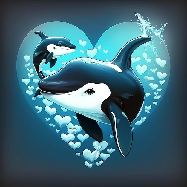 Um coração azul com uma baleia assassina e um bebê nele
