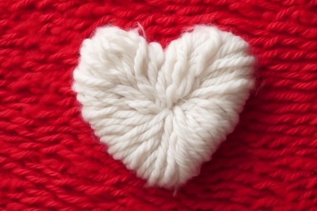 Um coração branco está em um chapéu de malha vermelho com um coração branco nele.