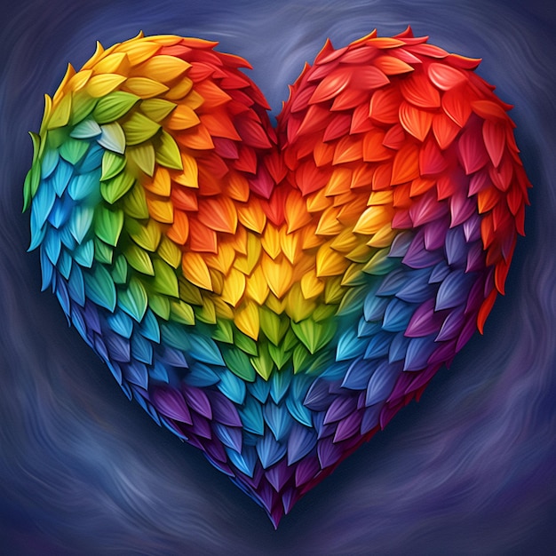um coração colorido com muitas folhas em um fundo escuro gerador de IA