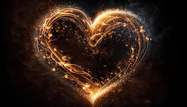 Um coração com chamas de ouro e laranja no centro