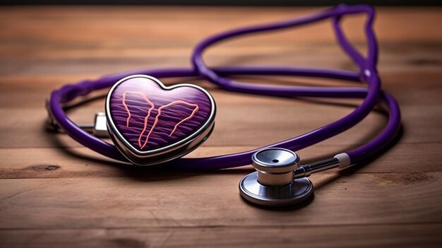 Um coração com um estetoscópio sobre uma mesa de madeira.