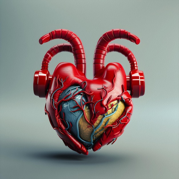 Um coração com veias azuis e vermelhas está sobre um fundo cinza.