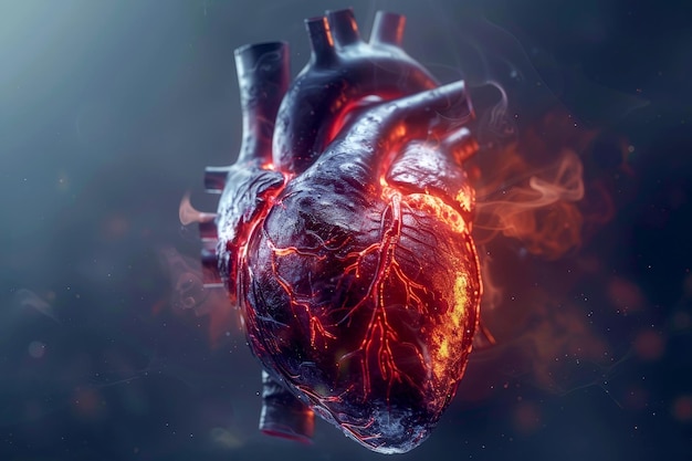 Um coração com veias vermelhas e um centro médico de cardiologia cardíaca com um coração afetado